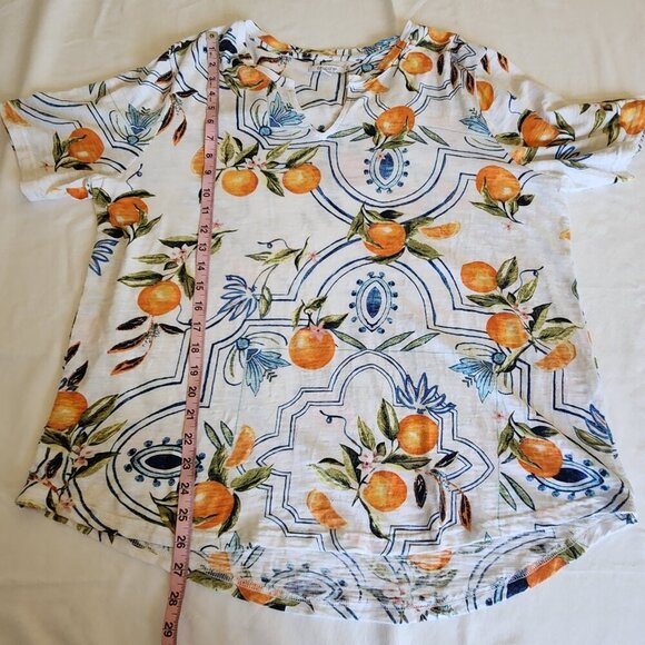 Chico's Women's Size 3/16 Tropical Print Short Sleeve Notched Neck Cotton Tee - Picture 14 of 16